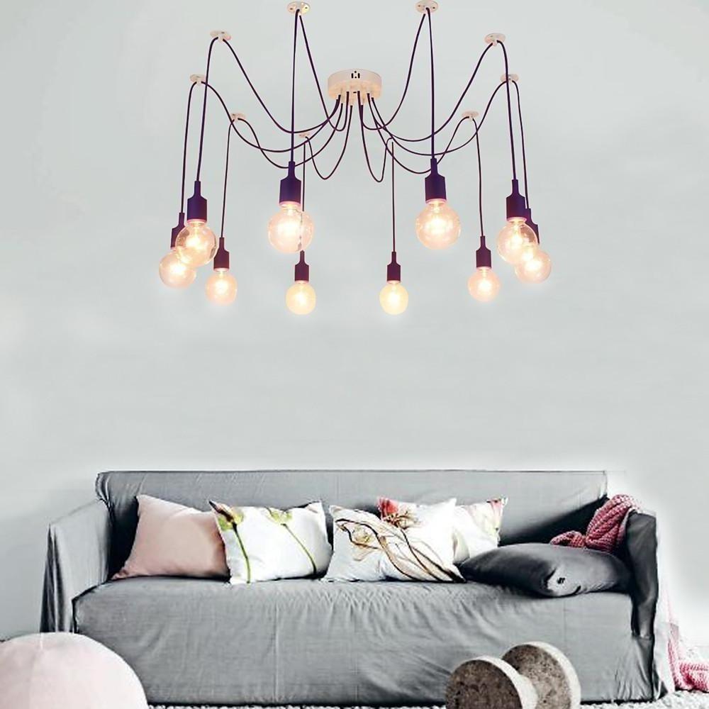 10-Head Cluster Spider Multi-Light Pendant — Aluminum, Fabric Cable, Acrylic Shades, 40W LED, DIY Adjustable, Industrial or Modern