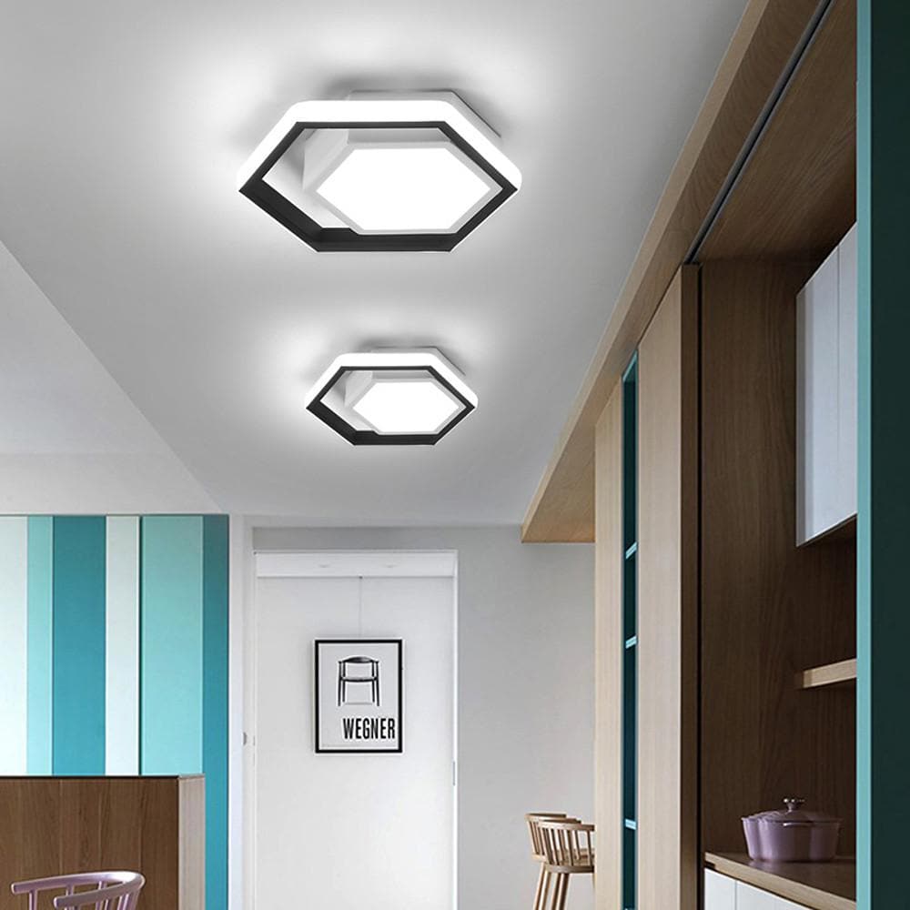 Hexagon LED Flush-Mount Ceiling Light — Metal, Black and White, 10" Geometric, Warm White / 6000K / 3-Step Dimming