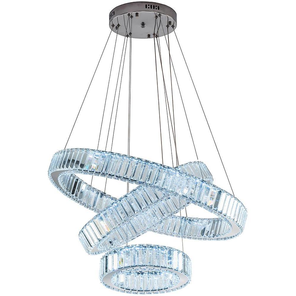 3-Tier Ring Chandelier — Polished Chrome and Crystal, LED, 28" Diameter, Adjustable Height