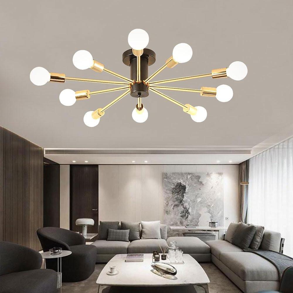 Geometric Sputnik Semi Flush-Mount Chandelier — Metal, Gold, 10-Light E26/E27, 43" Wide