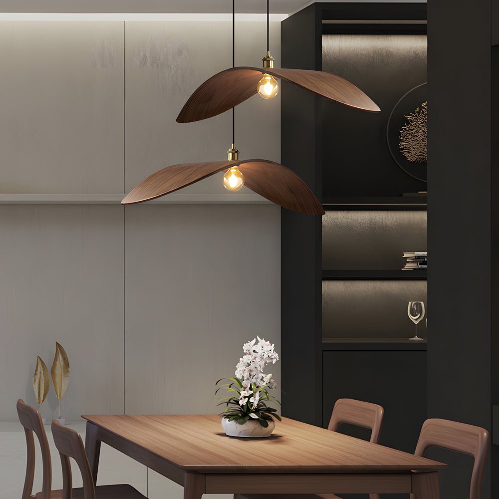 Leaf Curve Wabi-Sabi Pendant Light — Walnut Wood, 3000K Warm White, 1-, 2-, or 3-Light