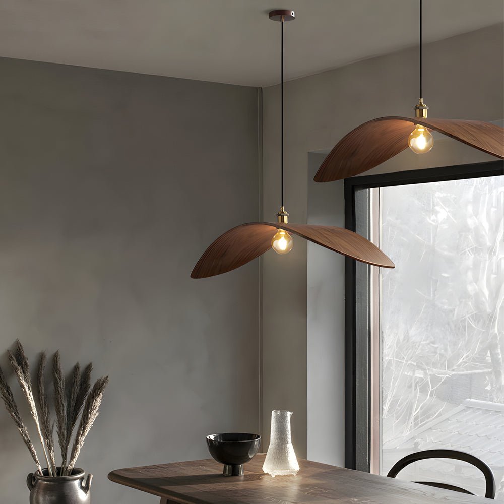 Leaf Curve Wabi-Sabi Pendant Light — Walnut Wood, 3000K Warm White, 1-, 2-, or 3-Light