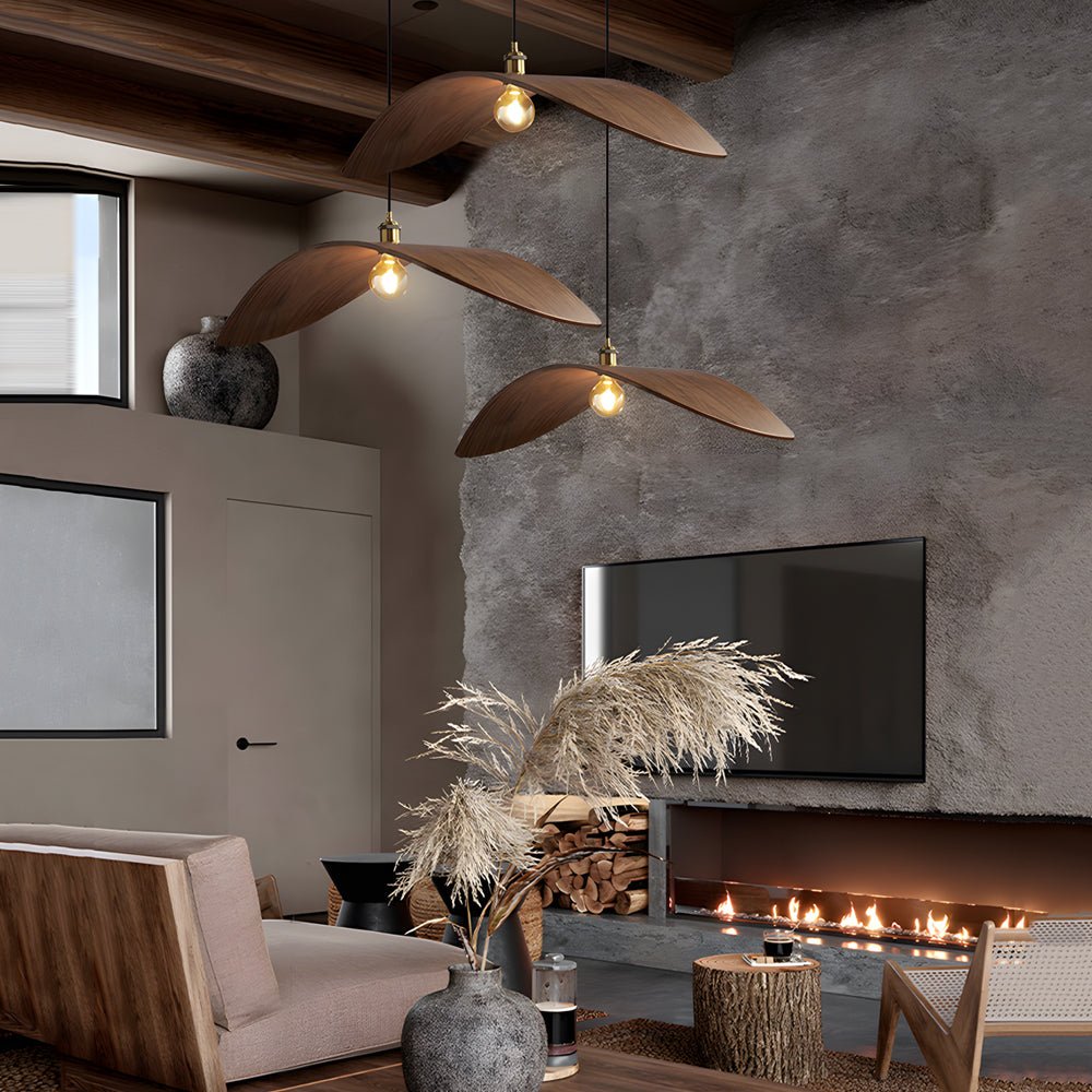 Leaf Curve Wabi-Sabi Pendant Light — Walnut Wood, 3000K Warm White, 1-, 2-, or 3-Light