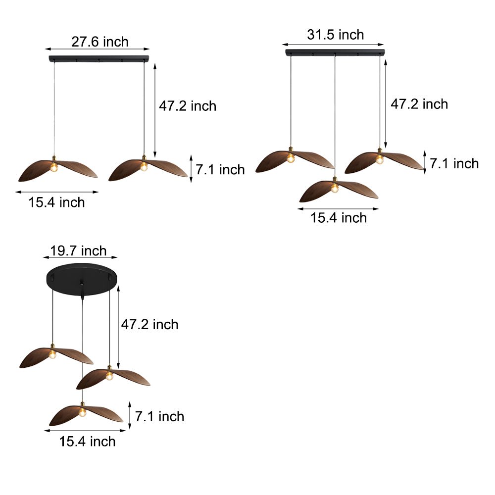 Leaf Curve Wabi-Sabi Pendant Light — Walnut Wood, 3000K Warm White, 1-, 2-, or 3-Light
