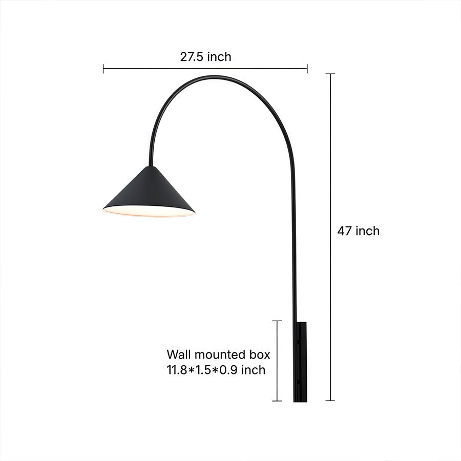 Long-Arm Wall Sconce — Black Iron, E14, Interchangeable Round Glass or Trumpet Shade, Three-Step Dimming, Hardwired
