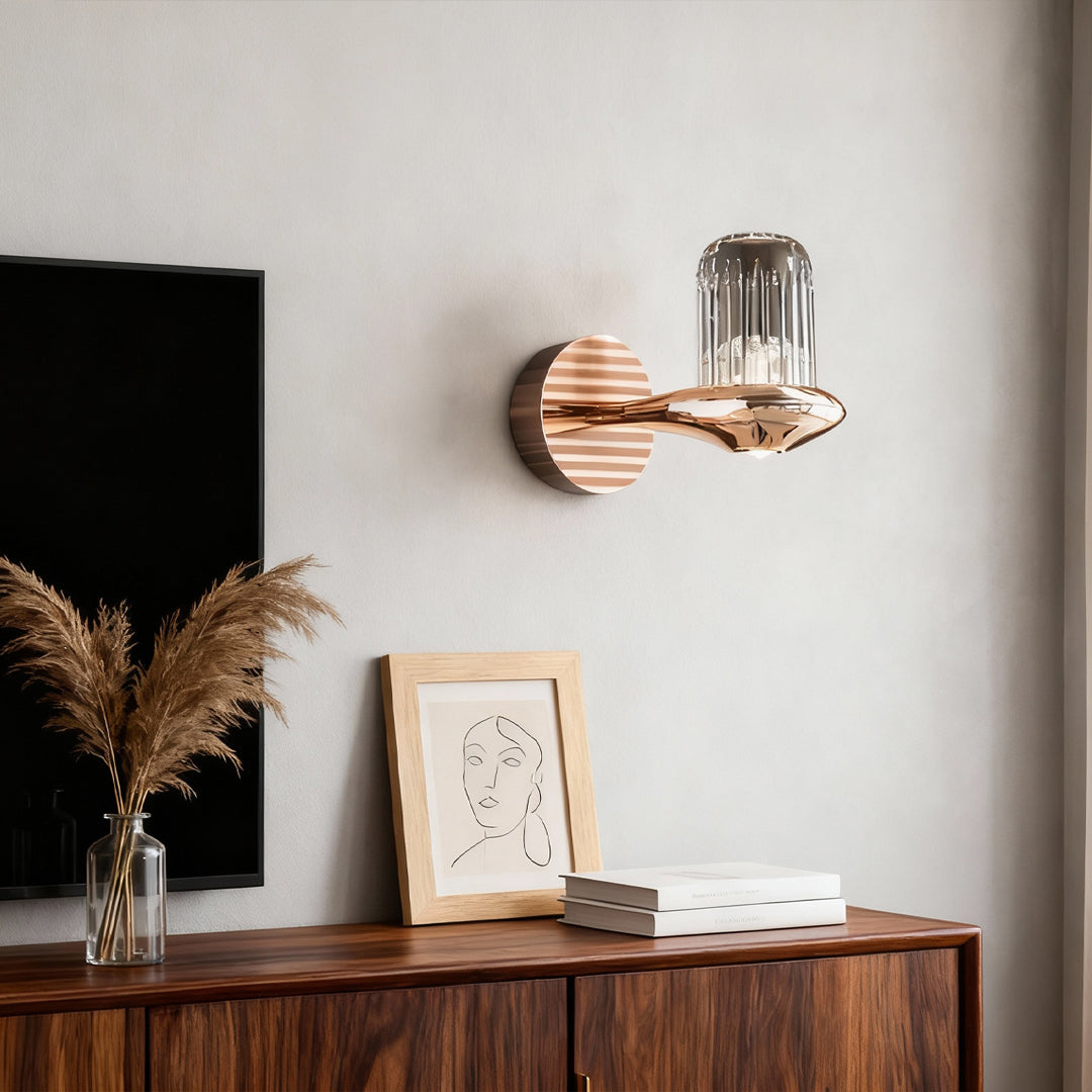 Minimalist Crystal Wall Sconce — Copper, Gold Finish, LED, Three-Color Dimming (3000K/4500K/6000K), Single or Double Head