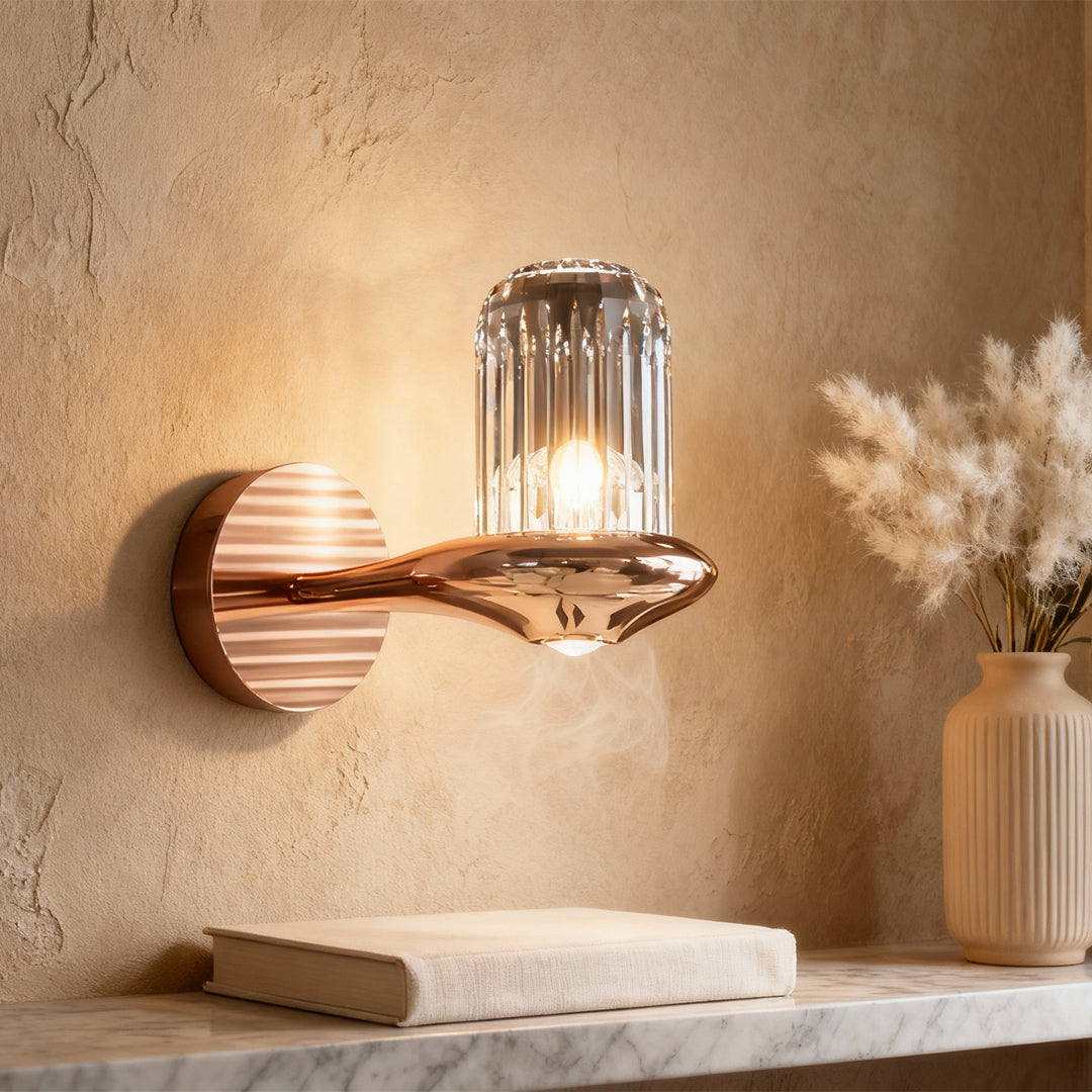 Minimalist Crystal Wall Sconce — Copper, Gold Finish, LED, Three-Color Dimming (3000K/4500K/6000K), Single or Double Head