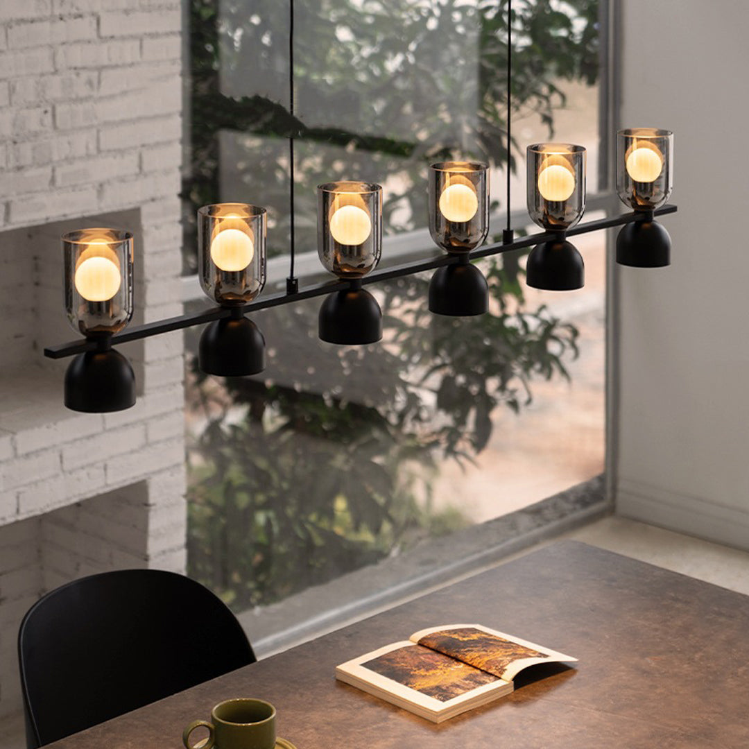 Adjustable Industrial Glass Pendant Chandelier — Matte Black Aluminum-Iron, 4- or 6-Light, Dimmable 3000K–6000K, 59.1" Chain