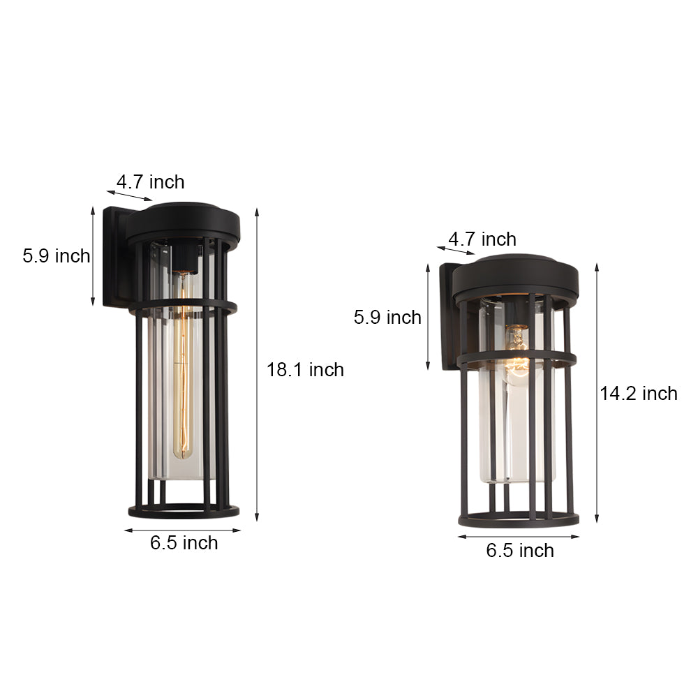 Cylindrical Outdoor Wall Sconce — Black Aluminum, Tempered Glass, E27 LED, IP54, 14.2" or 18.1"