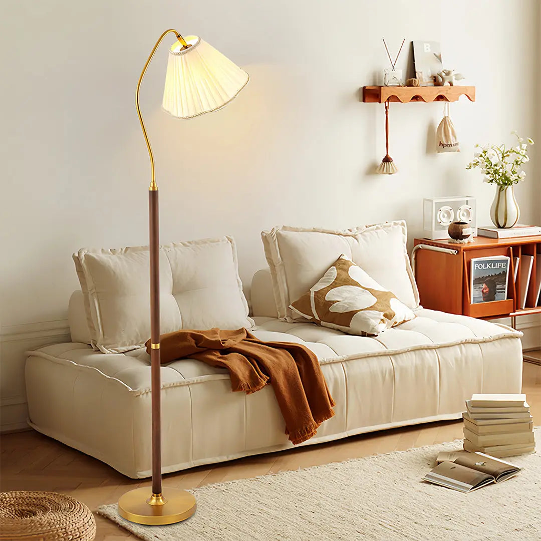 Elegant American Retro Standing Lamp with Walnut Base and Fabric Shade Luxe