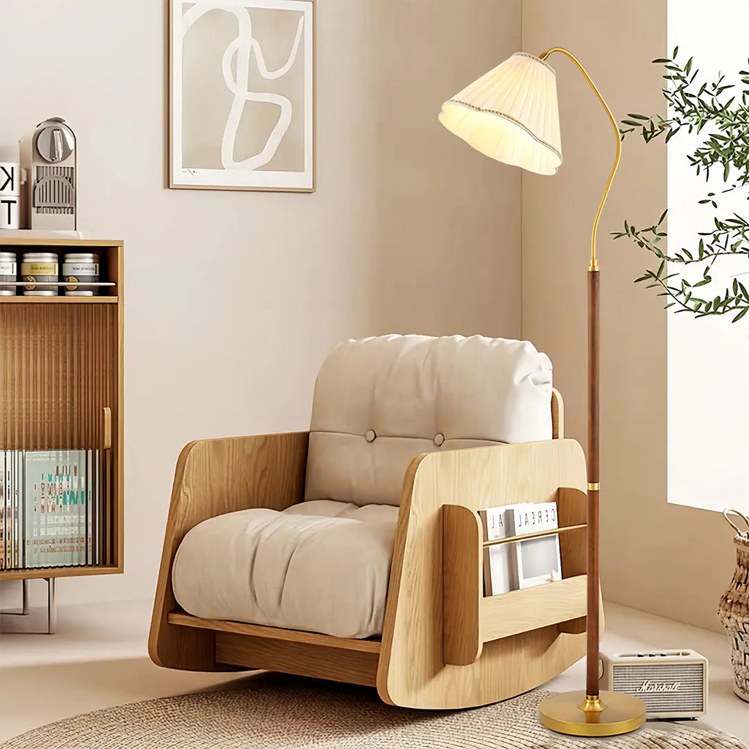 Elegant American Retro Standing Lamp with Walnut Base and Fabric Shade Luxe
