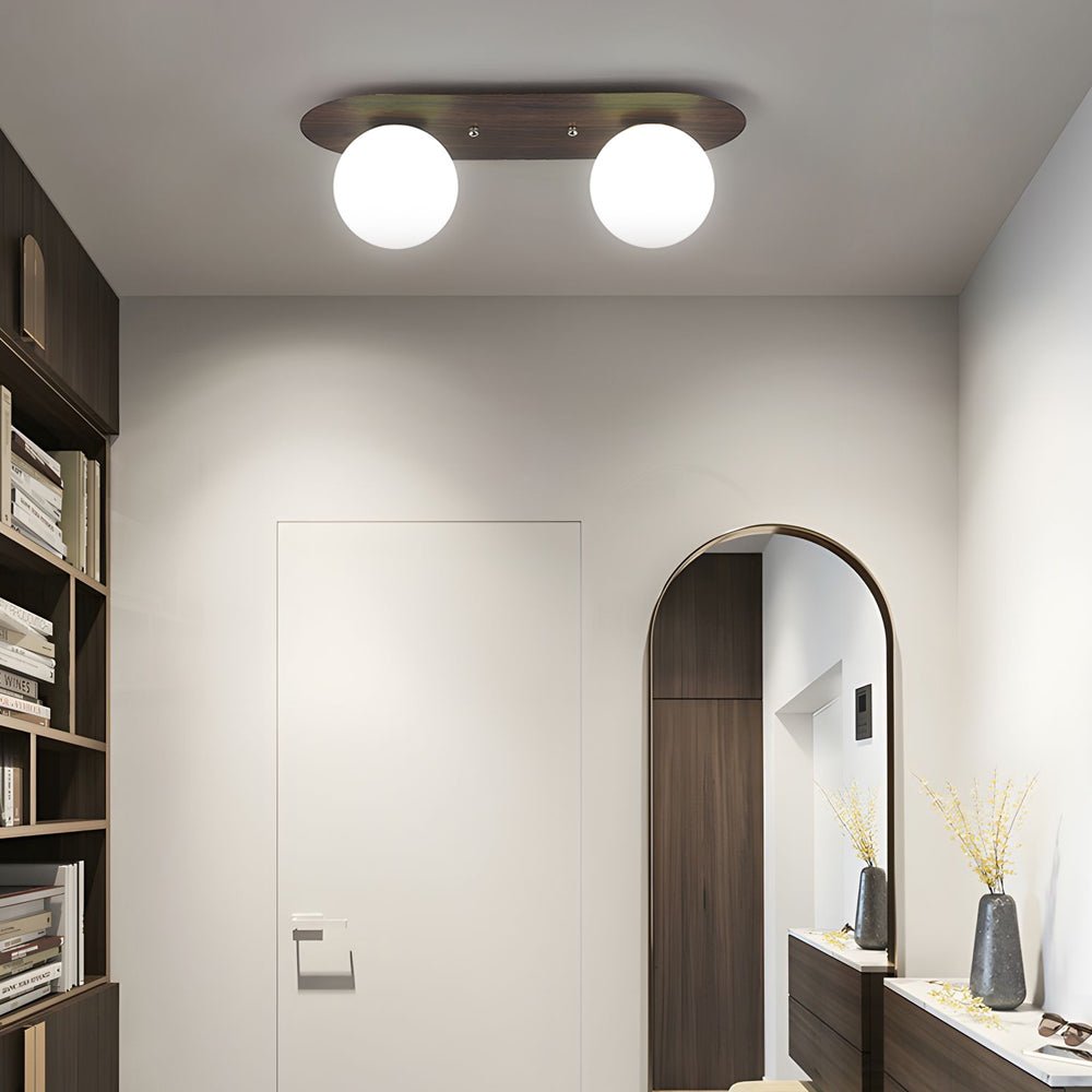 walnut flush mounted ceiling light with 234 milky white glass globes