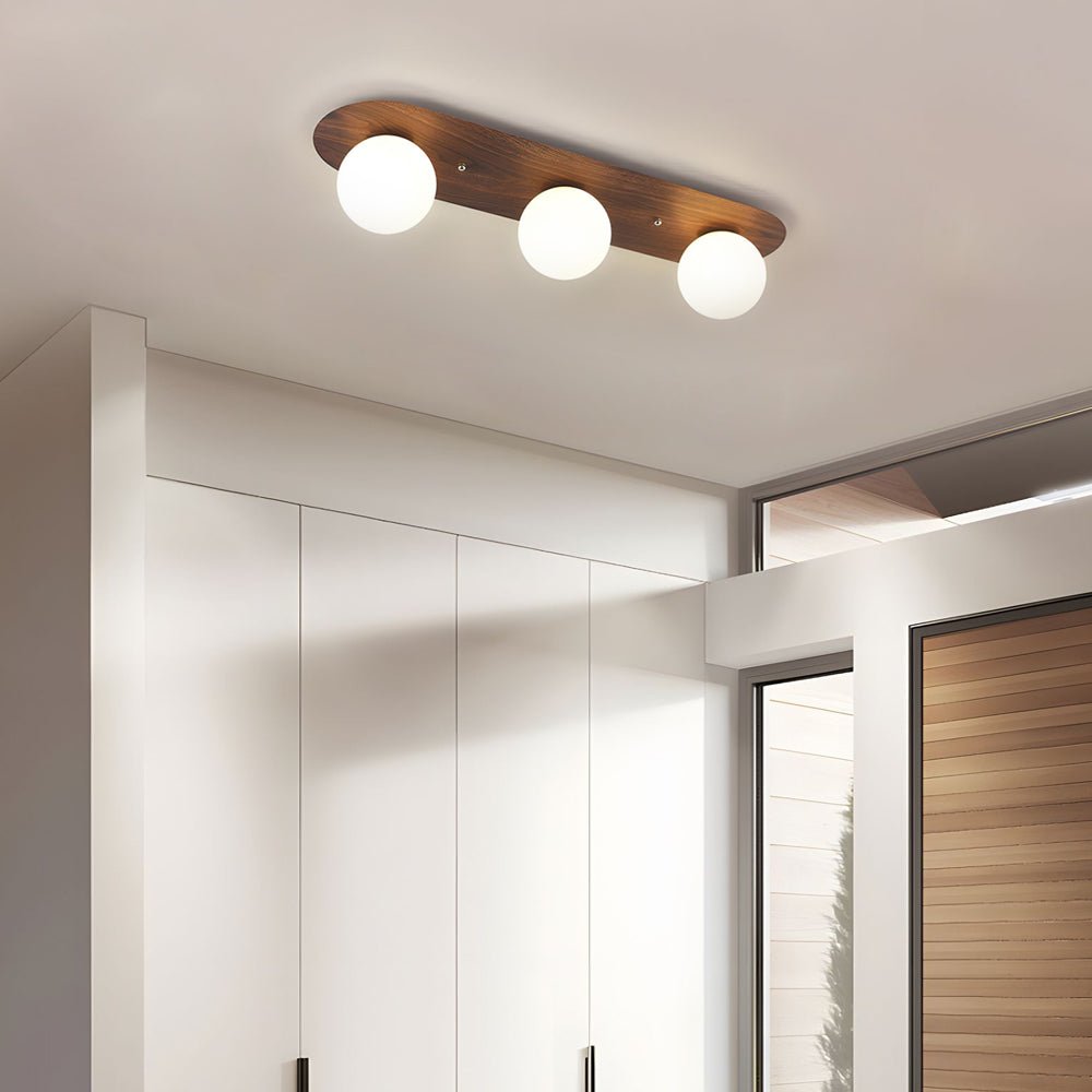 walnut flush mounted ceiling light with 234 milky white glass globes