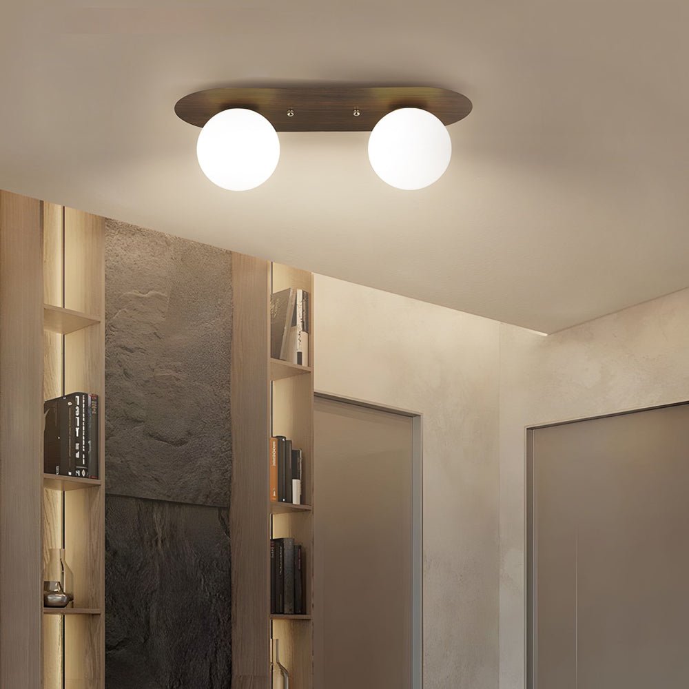 walnut flush mounted ceiling light with 234 milky white glass globes
