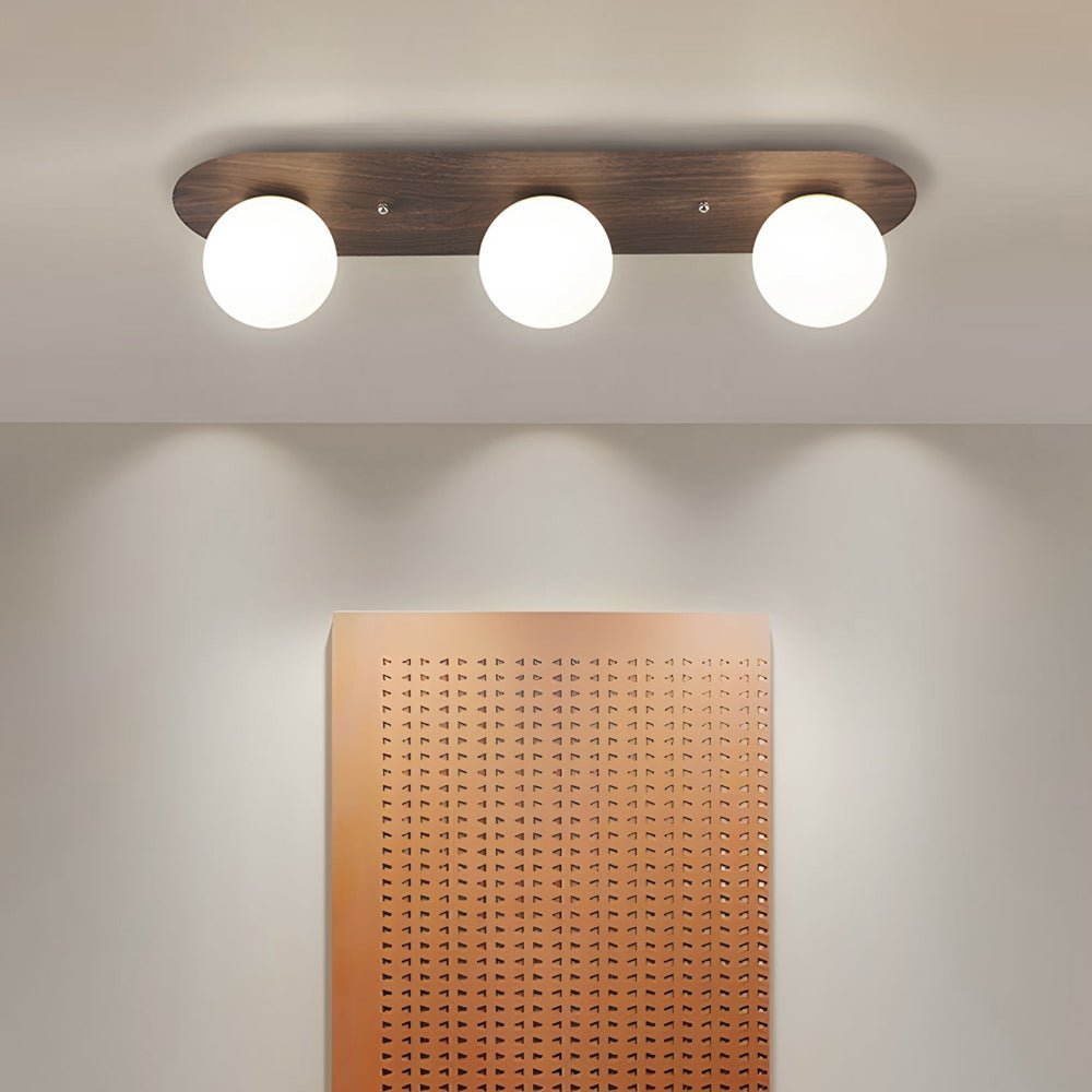 walnut flush mounted ceiling light with 234 milky white glass globes
