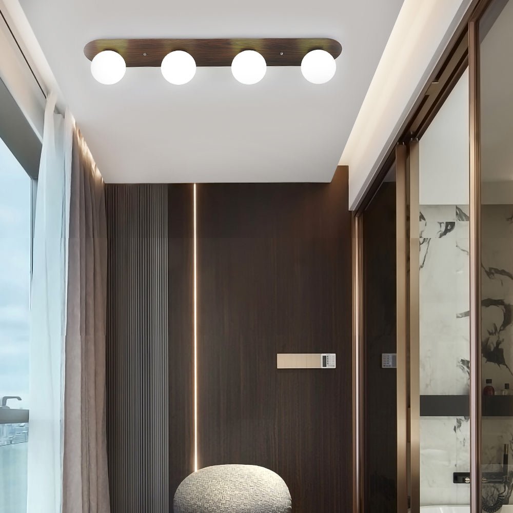 walnut flush mounted ceiling light with 234 milky white glass globes