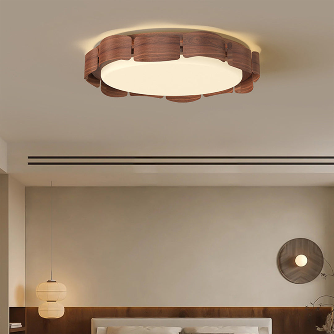 Full-Spectrum Eye-Care LED Flush Mount — Wood Grain & Iron, 39W, 3-Step Dimming (3000K/4000K/6000K), High-CRI 97, 19.69"