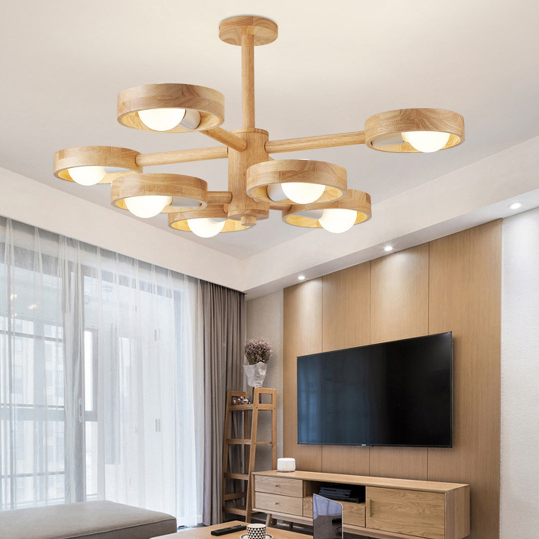 Rubberwood LED Chandelier — E27, Rotatable Shade, 3-Color Dimming, 3-Head / 5-Head / 6-Head / 8-Head