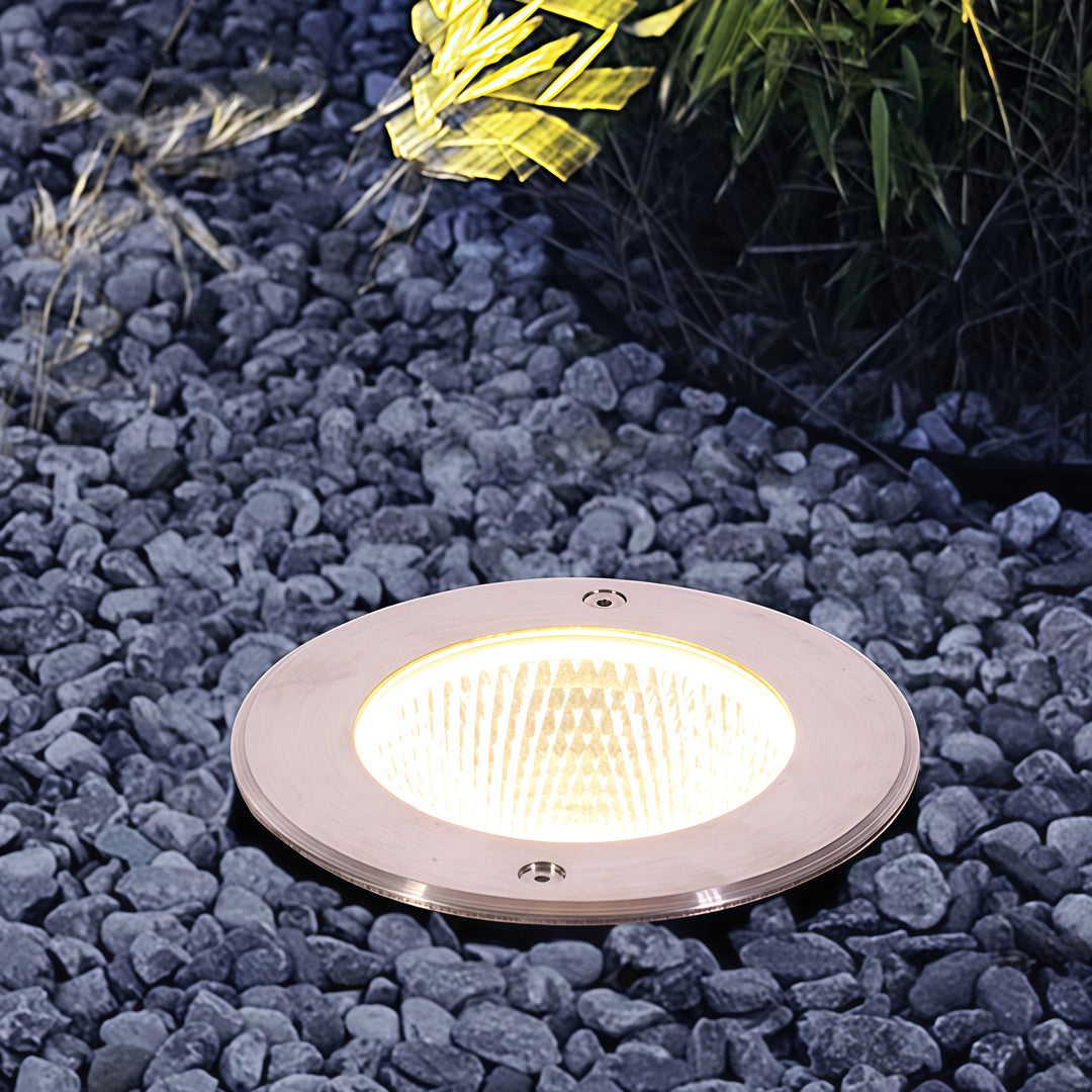 Inground Landscape Step Light — Stainless Steel & Tempered Glass, 12W LED, IP65, Hardwired, 110V, Warm White 3000K