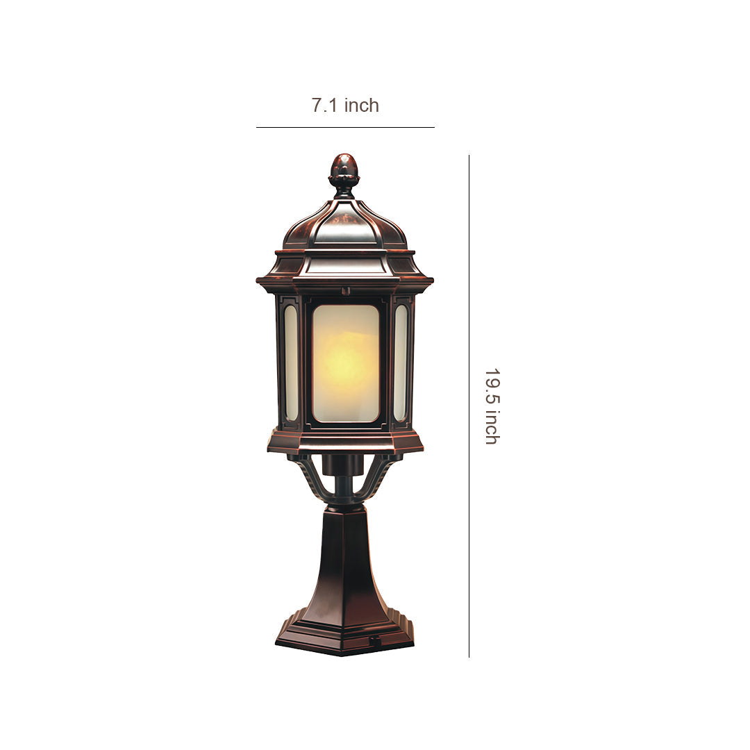 European Classic Outdoor Patio Pillar Light — Coffee Aluminum, Transparent Glass, 9W E26 LED, IP44, Hardwired