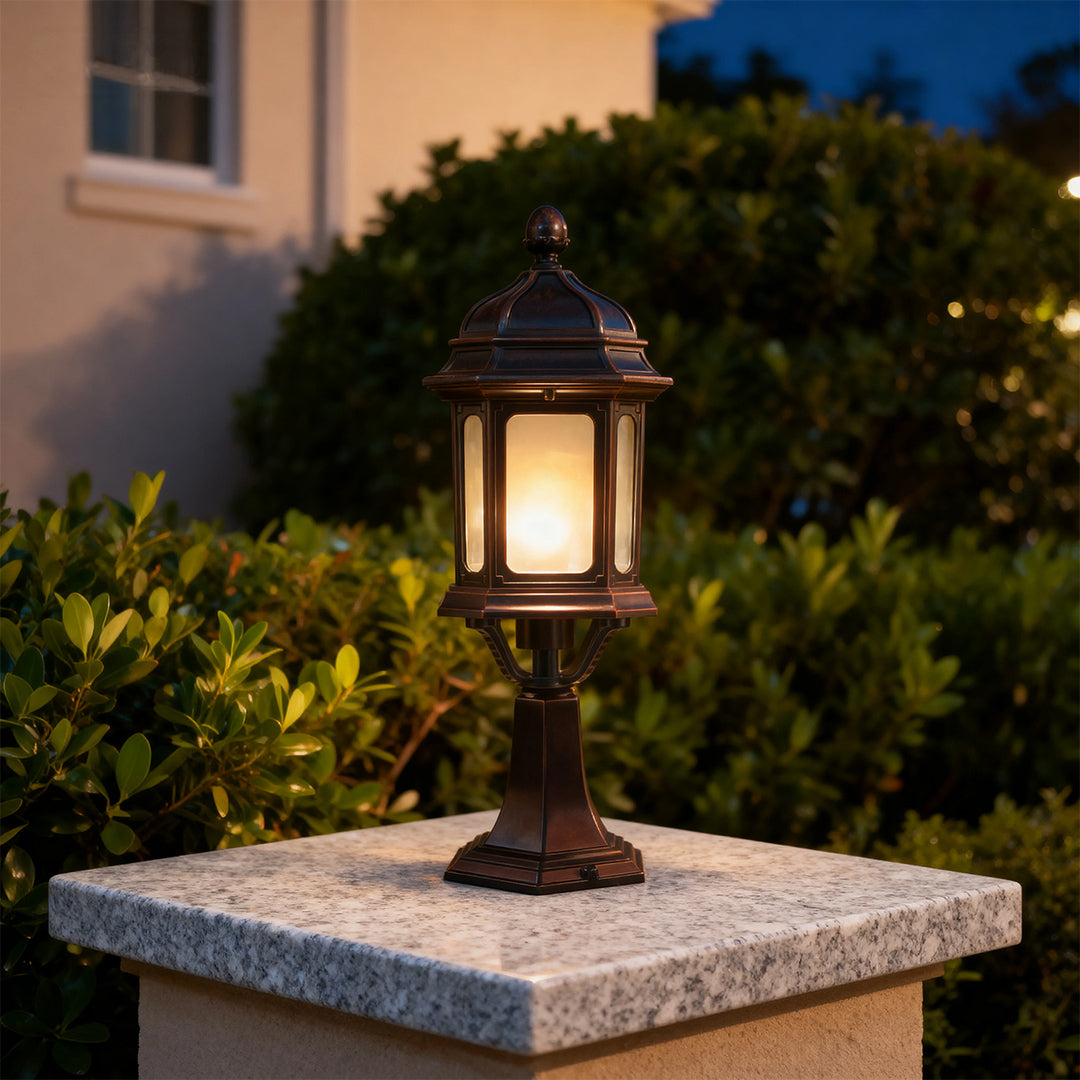 European Classic Outdoor Patio Pillar Light — Coffee Aluminum, Transparent Glass, 9W E26 LED, IP44, Hardwired