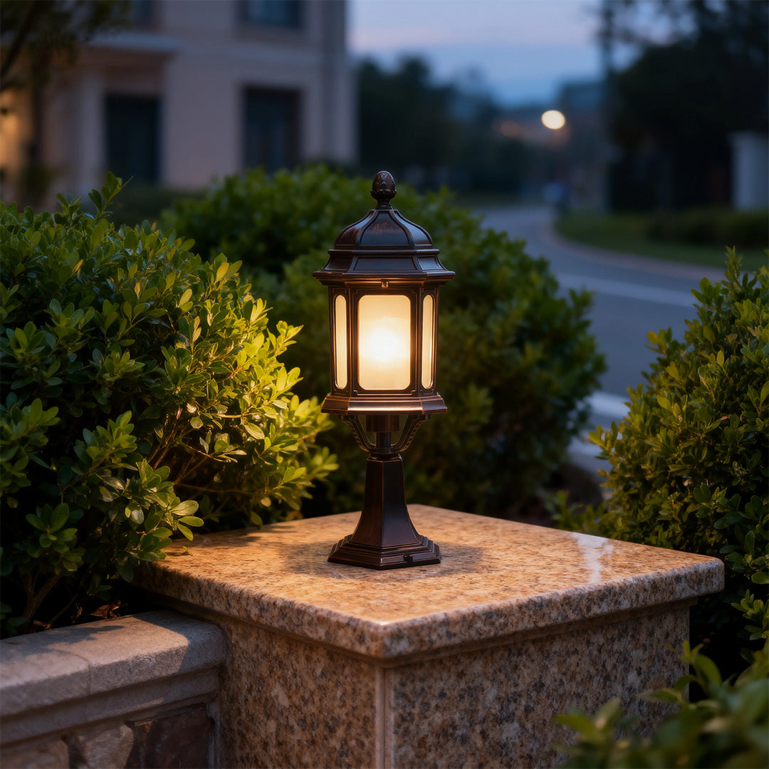 European Classic Outdoor Patio Pillar Light — Coffee Aluminum, Transparent Glass, 9W E26 LED, IP44, Hardwired