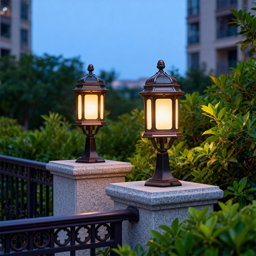 European Classic Outdoor Patio Pillar Light — Coffee Aluminum, Transparent Glass, 9W E26 LED, IP44, Hardwired