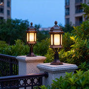 European Classic Outdoor Patio Pillar Light — Coffee Aluminum, Transparent Glass, 9W E26 LED, IP44, Hardwired