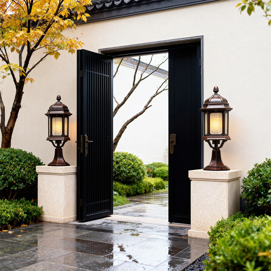 European Classic Outdoor Patio Pillar Light — Coffee Aluminum, Transparent Glass, 9W E26 LED, IP44, Hardwired