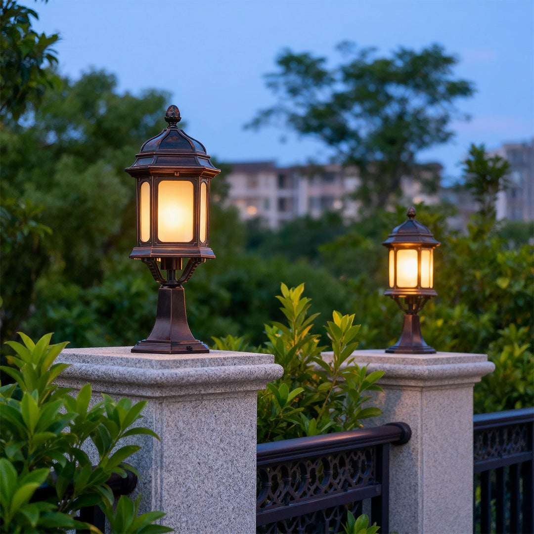 European Classic Outdoor Patio Pillar Light — Coffee Aluminum, Transparent Glass, 9W E26 LED, IP44, Hardwired