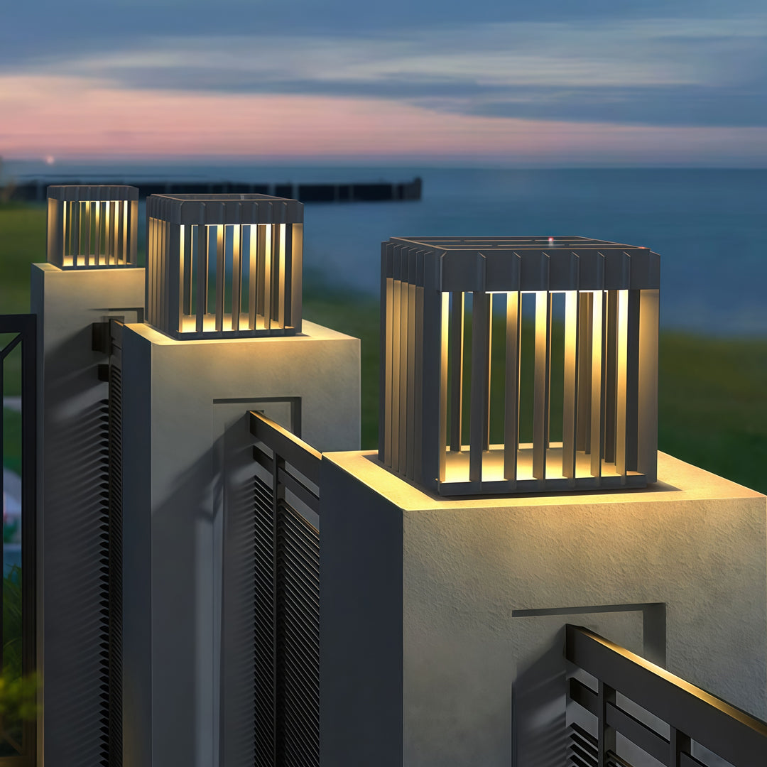 Minimalist Square Outdoor Pillar Light — Stainless Steel, LED, IP65, Solar / Hardwired, 3 Sizes