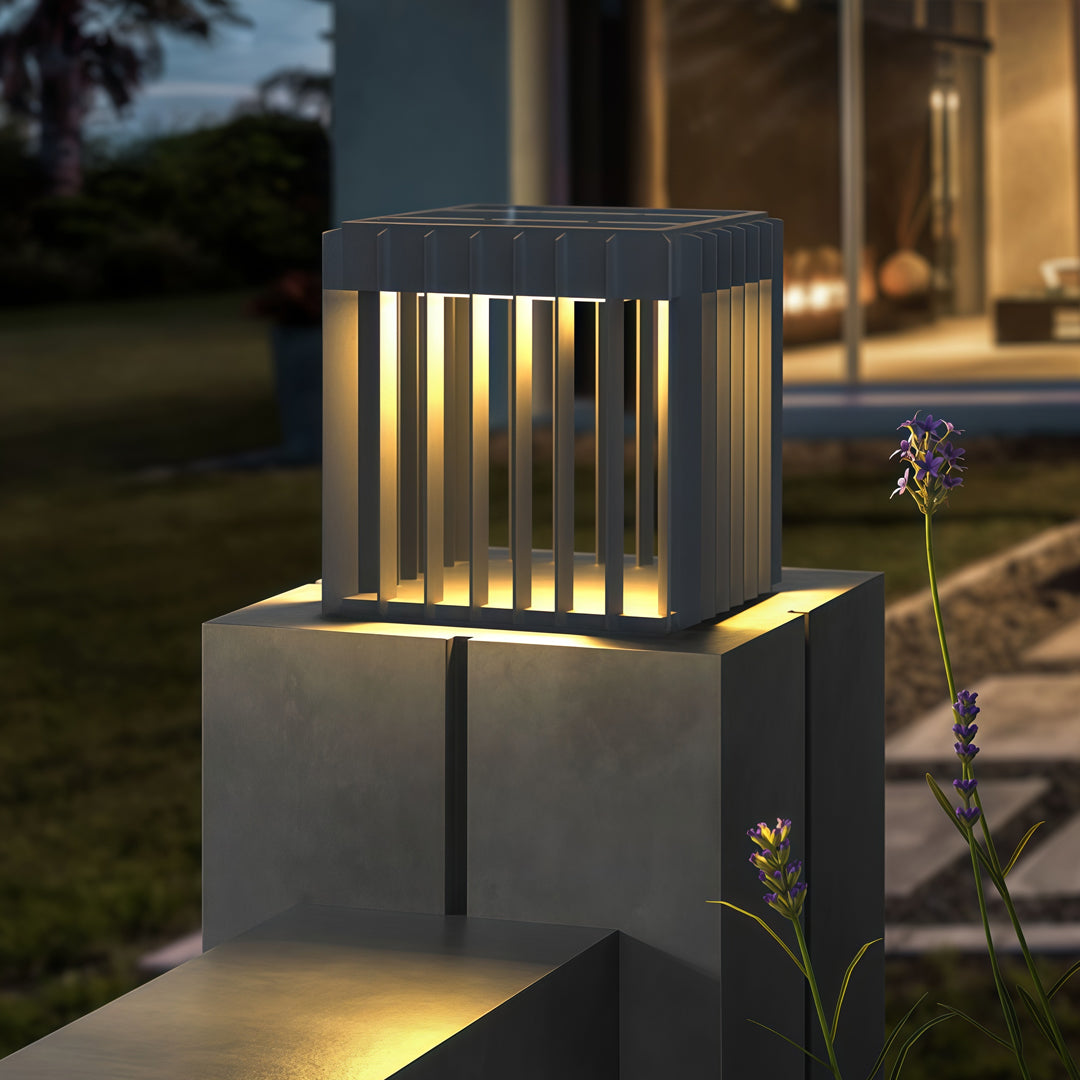 Minimalist Square Outdoor Pillar Light — Stainless Steel, LED, IP65, Solar / Hardwired, 3 Sizes