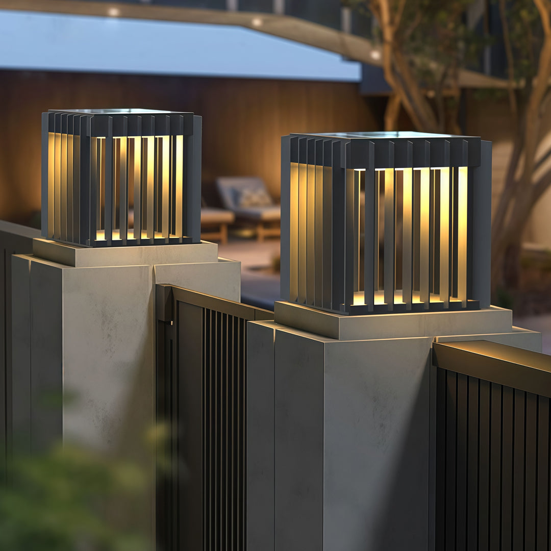 Minimalist Square Outdoor Pillar Light — Stainless Steel, LED, IP65, Solar / Hardwired, 3 Sizes
