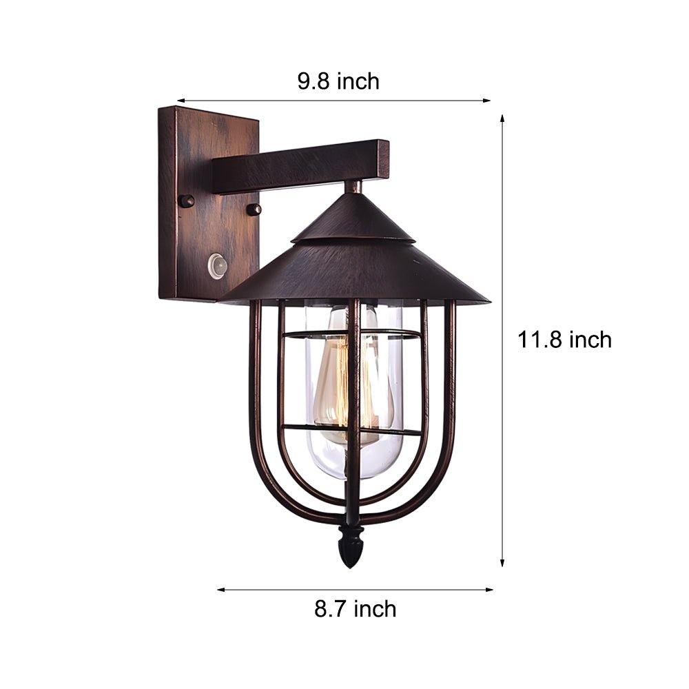 Retro Industrial Outdoor Wall Sconce — Iron and Glass, Motion Sensor, Hardwired, Black or Bronze