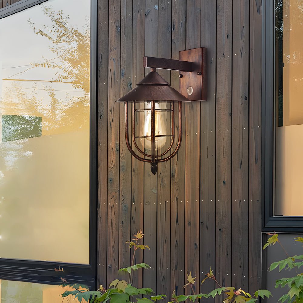 Retro Industrial Outdoor Wall Sconce — Iron and Glass, Motion Sensor, Hardwired, Black or Bronze