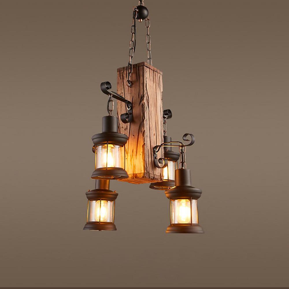 Lodge-Style Farmhouse Chandelier — Wood and Bamboo, 4-Light Lantern, 18" Diameter, Adjustable 20" Chain