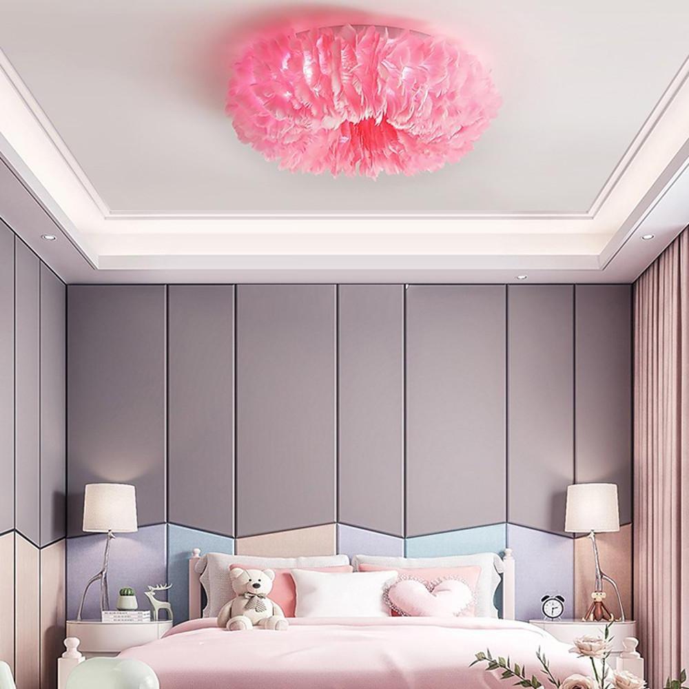 Round Feather Flush-Mount Chandelier — Metal, E27 LED, 3-Step Dimming, 6-Light or 8-Light, 20"–28"