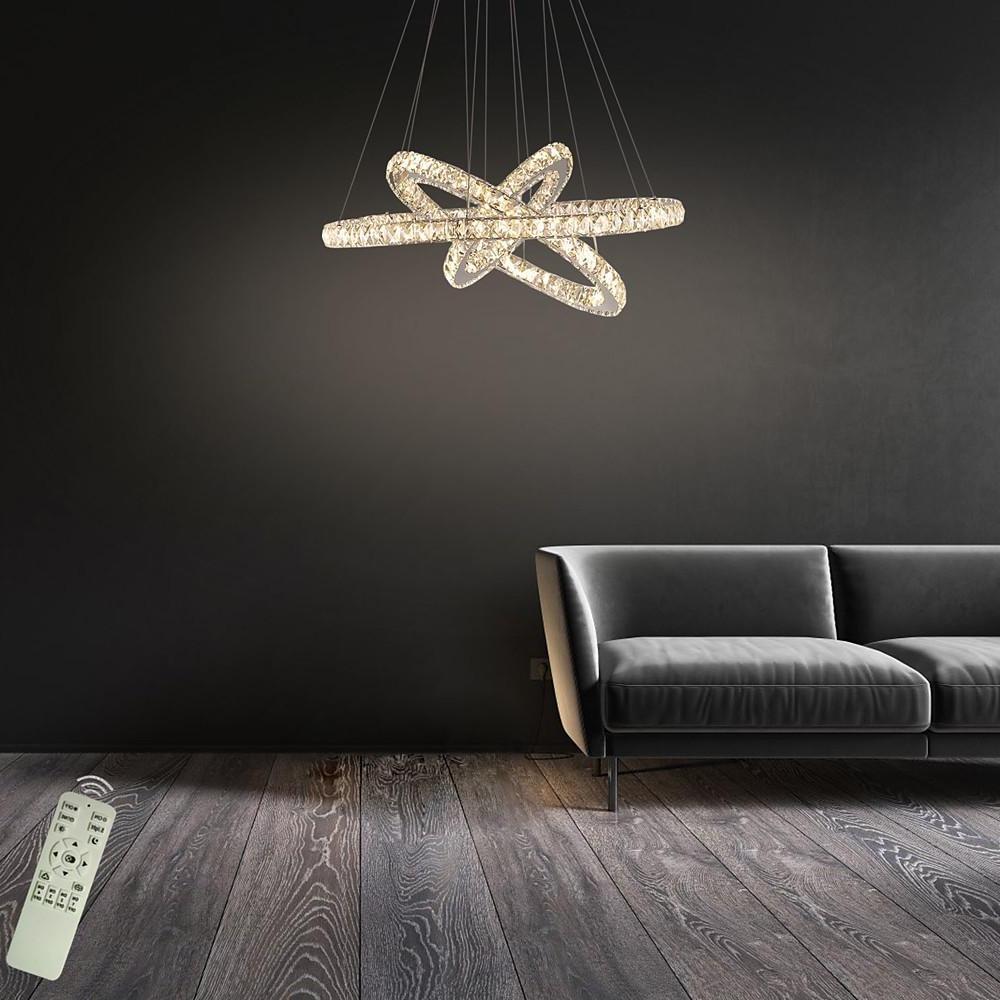 Interwoven Geometric Ring Crystal Chandelier — Chrome, Dimmable LED, 3000K/6000K, Remote Control, 28"