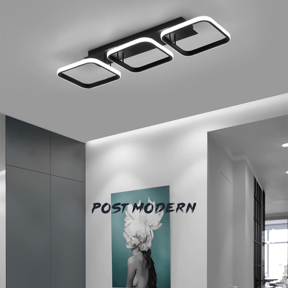 Modern Square LED Chandelier, Set of 3 — Black Aluminum, 3-Light, 3000K / 6000K