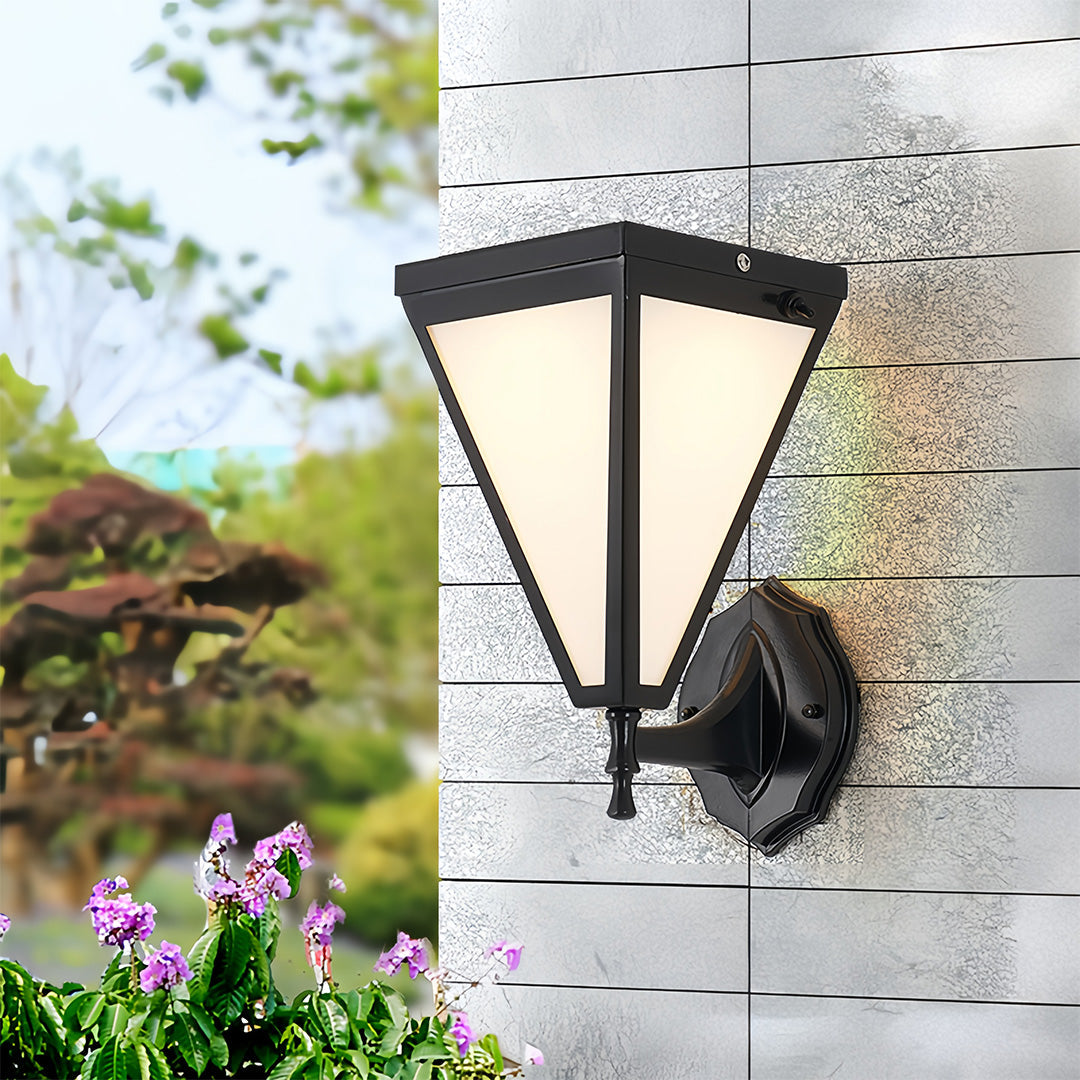 Minimalist Solar Outdoor Wall Sconce — Iron, White Acrylic Shade, 5W LED, 2200mAh, IP65, Remote Control