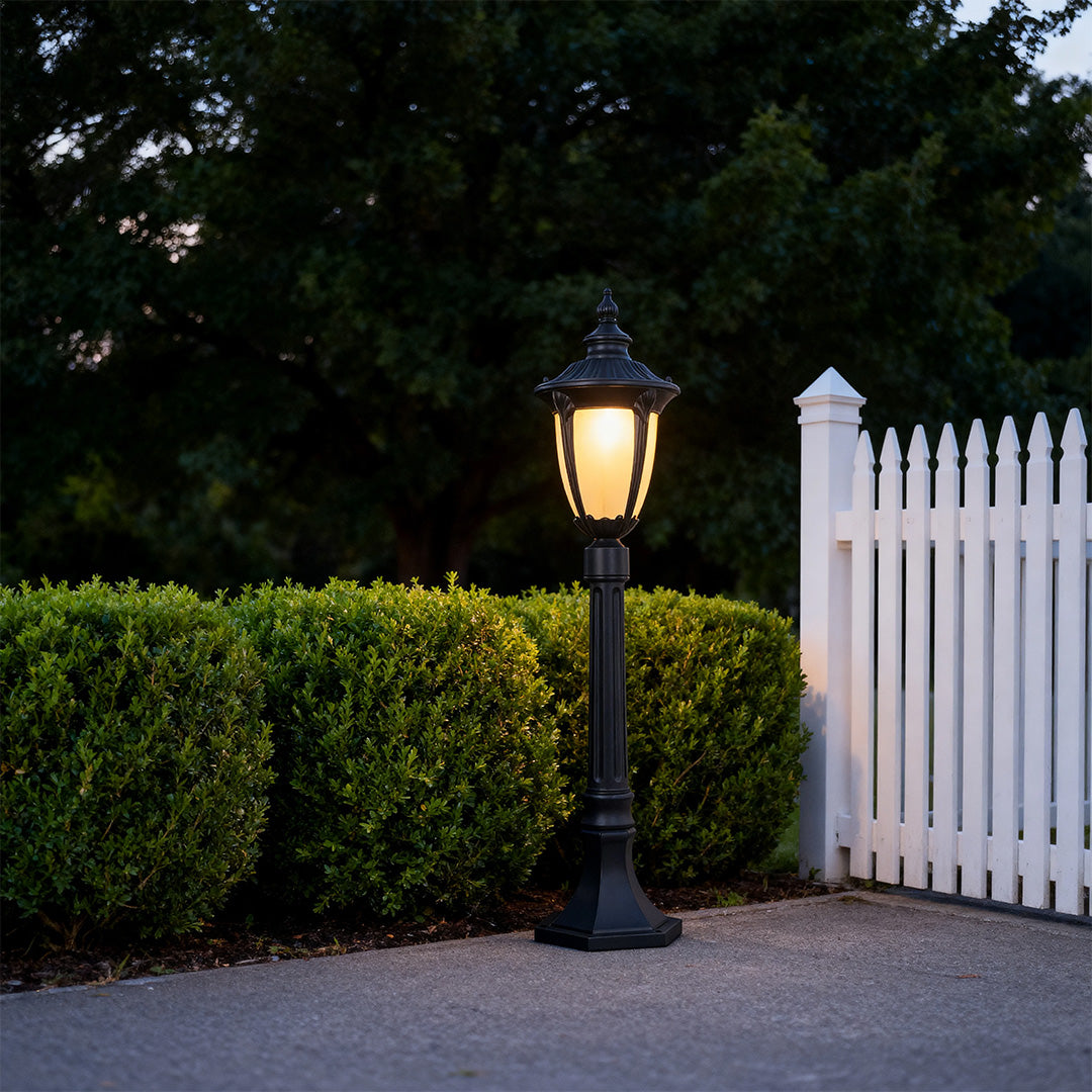 Traditional European Garden Post Light — Black Aluminum, Clear Glass, 9W E26, IP44 Weatherproof