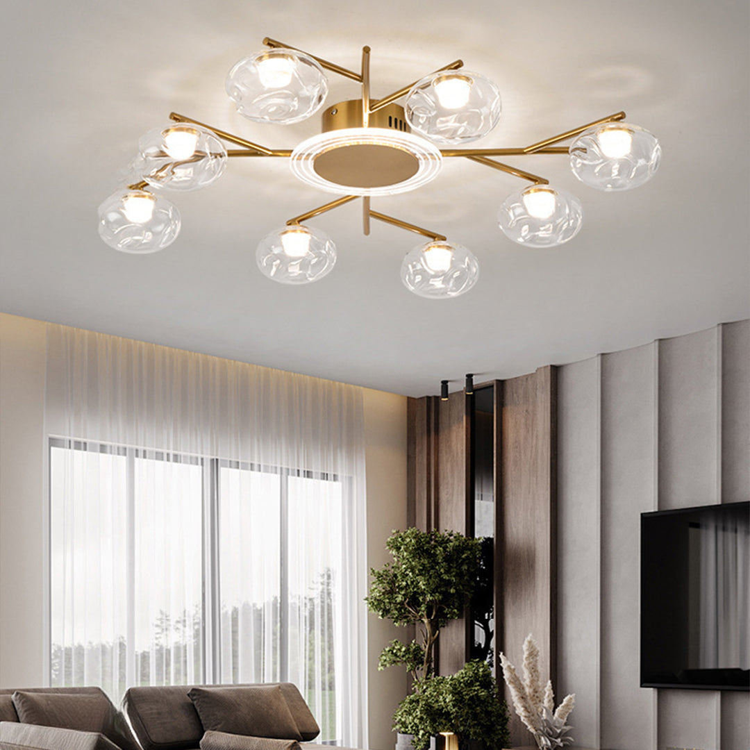 Branching Round Semi-Flush Mount — Wrought Iron and Glass, 8-Light 63W or 12-Light 91W, Three-Color Dimming, Ra≥97
