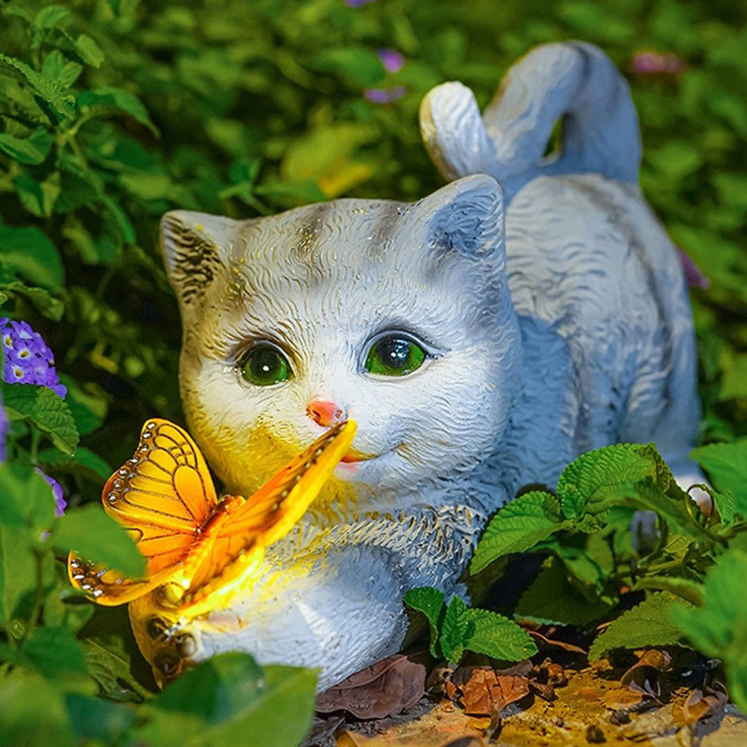 Cat Solar Garden Light — Hand-Painted Resin, LED Warm White, IP44, Dusk-to-Dawn
