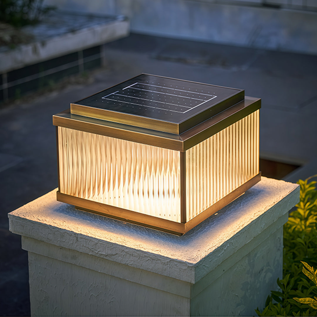 Square Copper Outdoor Pillar Light — Ribbed Glass, Dual Solar/Electric, 3-Step Dimming, 4 Sizes