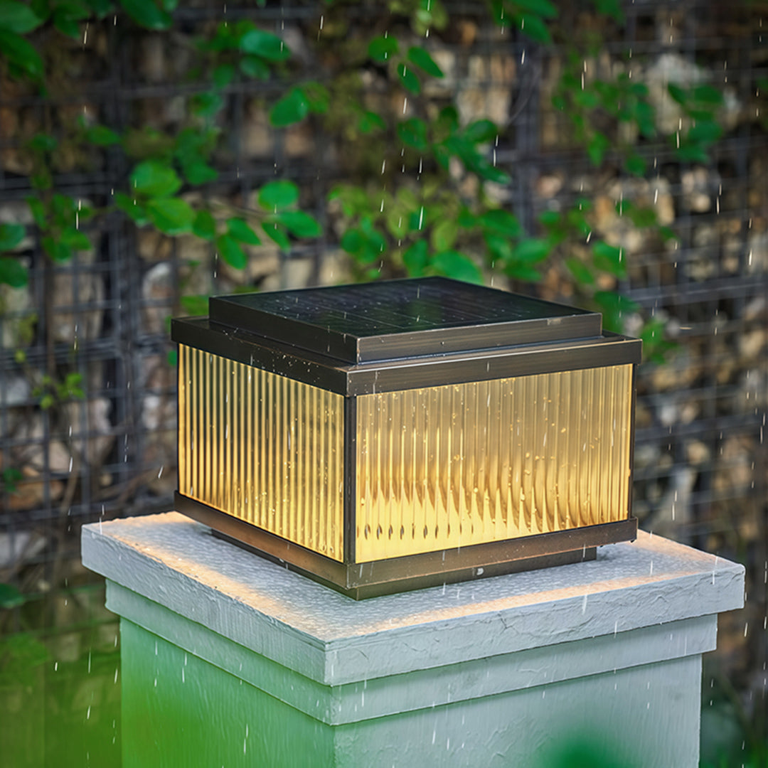 Square Copper Outdoor Pillar Light — Ribbed Glass, Dual Solar/Electric, 3-Step Dimming, 4 Sizes