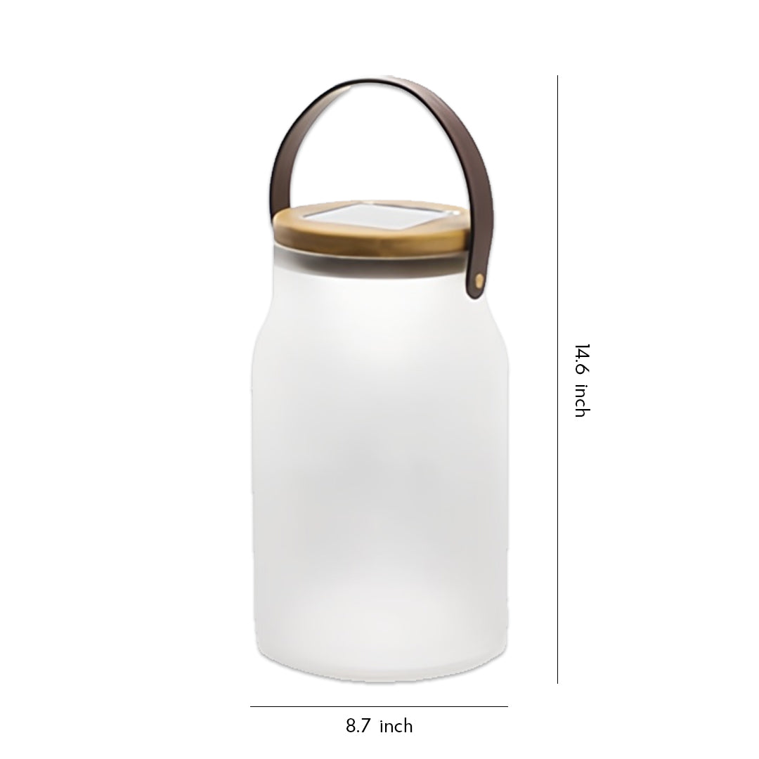 Solar-Powered Portable Camp Lantern — Teak Handle, Glass Shade, 2400mAh, IP65 Weatherproof