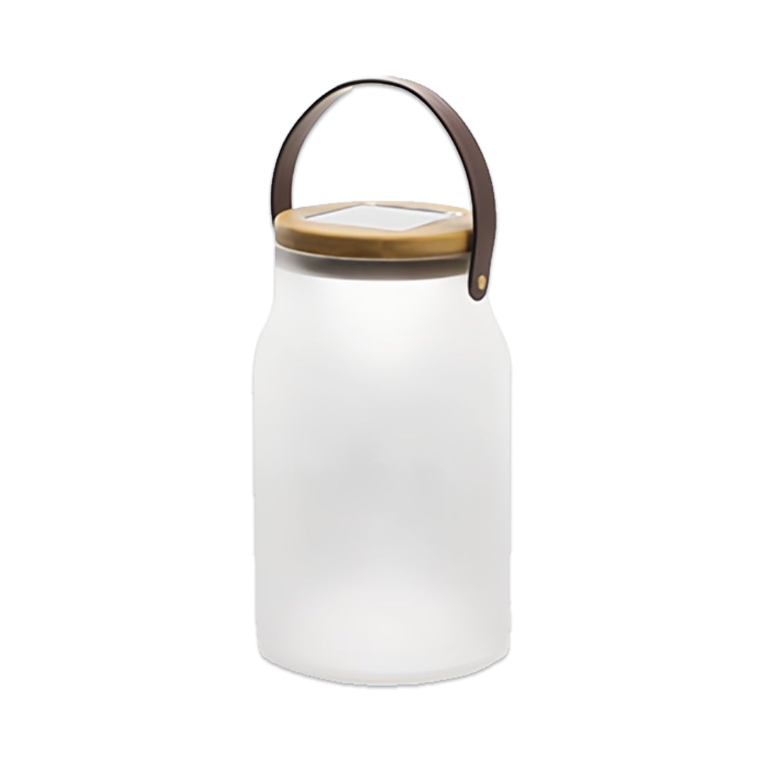 Solar-Powered Portable Camp Lantern — Teak Handle, Glass Shade, 2400mAh, IP65 Weatherproof
