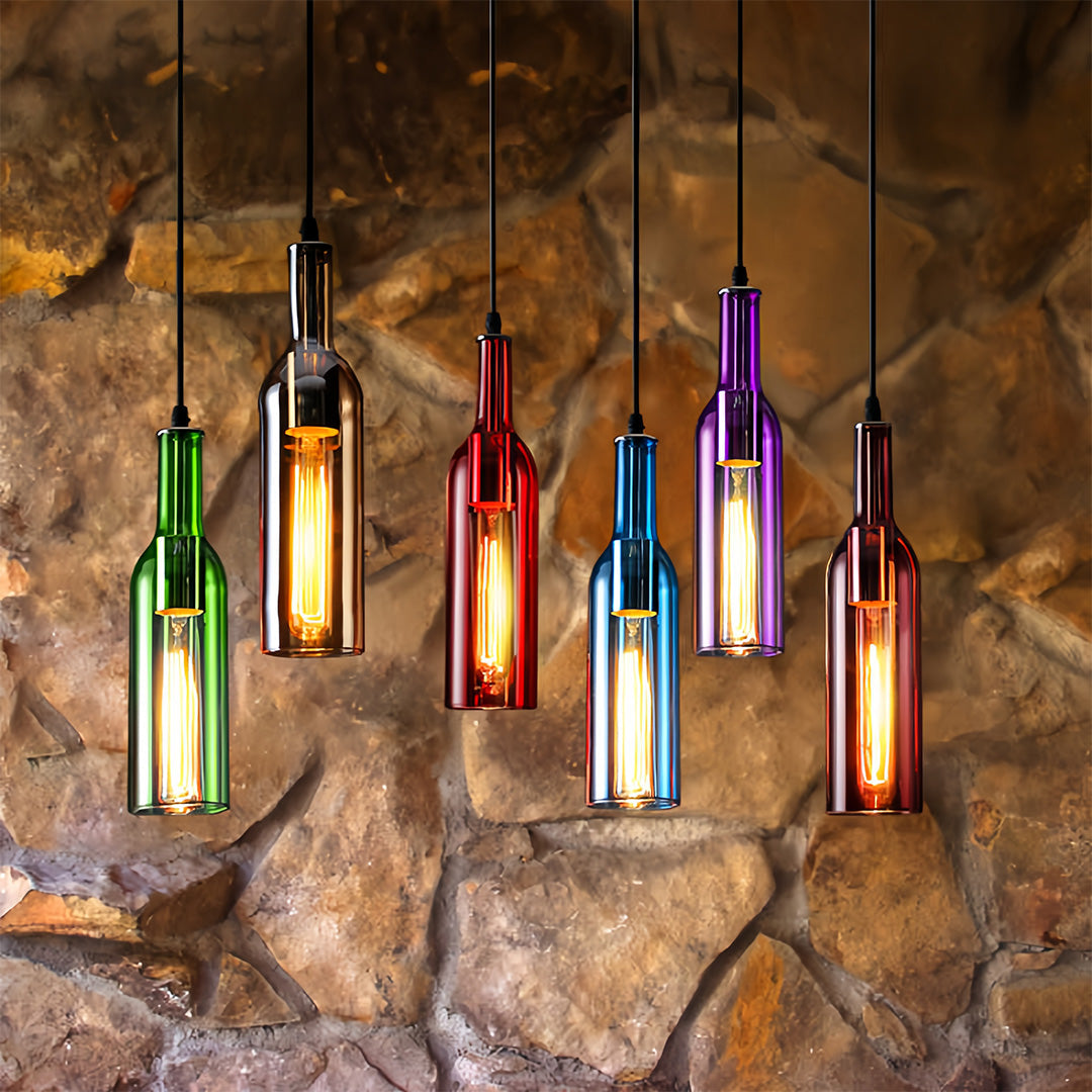 Wine Bottle Mini Pendant — Iron and Colored Glass, 3W LED Filament, Single or 5-Light Long-Plate, 8 Colors