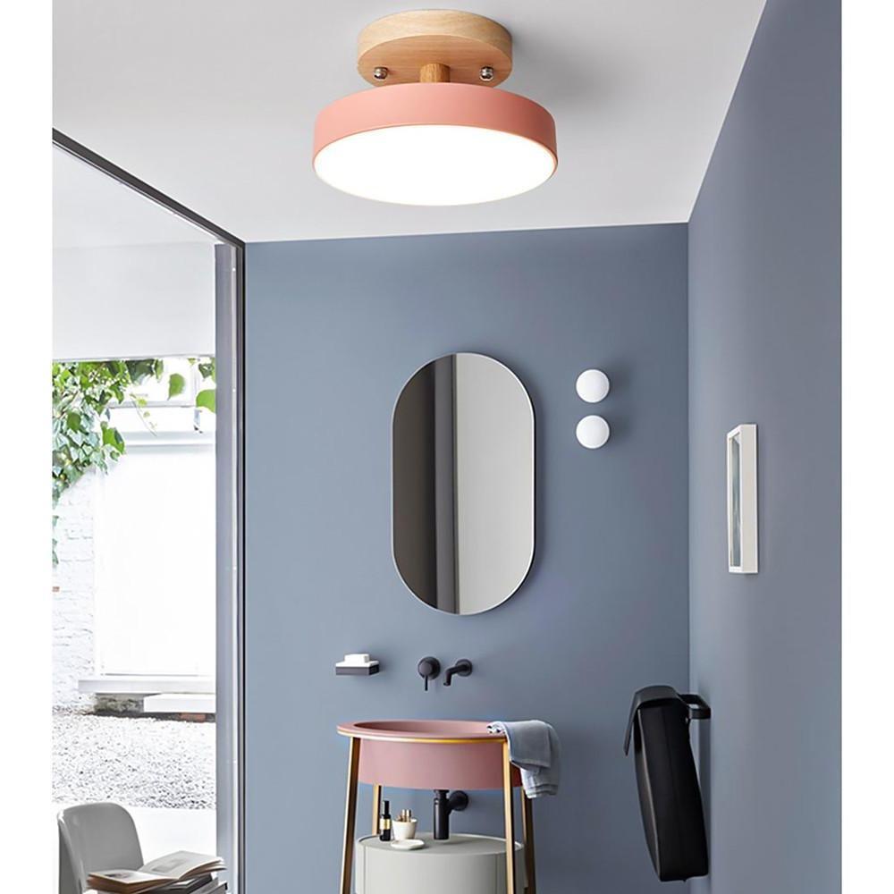 Round Minimalist Drum Flush-Mount — Metal and Wood, 14W LED Integrated, 7"
