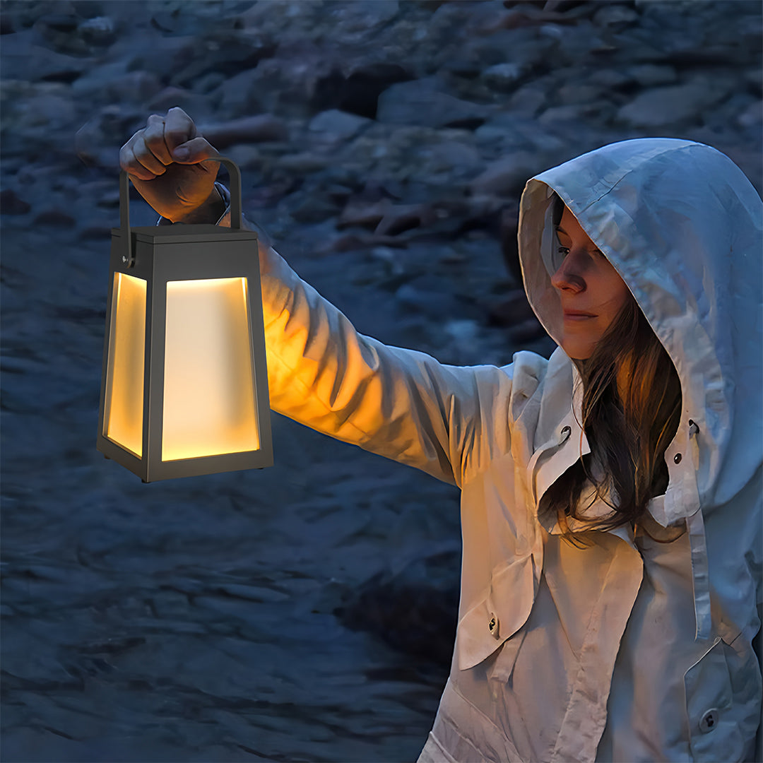 Portable Camping Lantern — Stainless Steel, Black, LED Warm Light, Solar or USB Rechargeable, IP65 Weatherproof, 13" & 15.8"